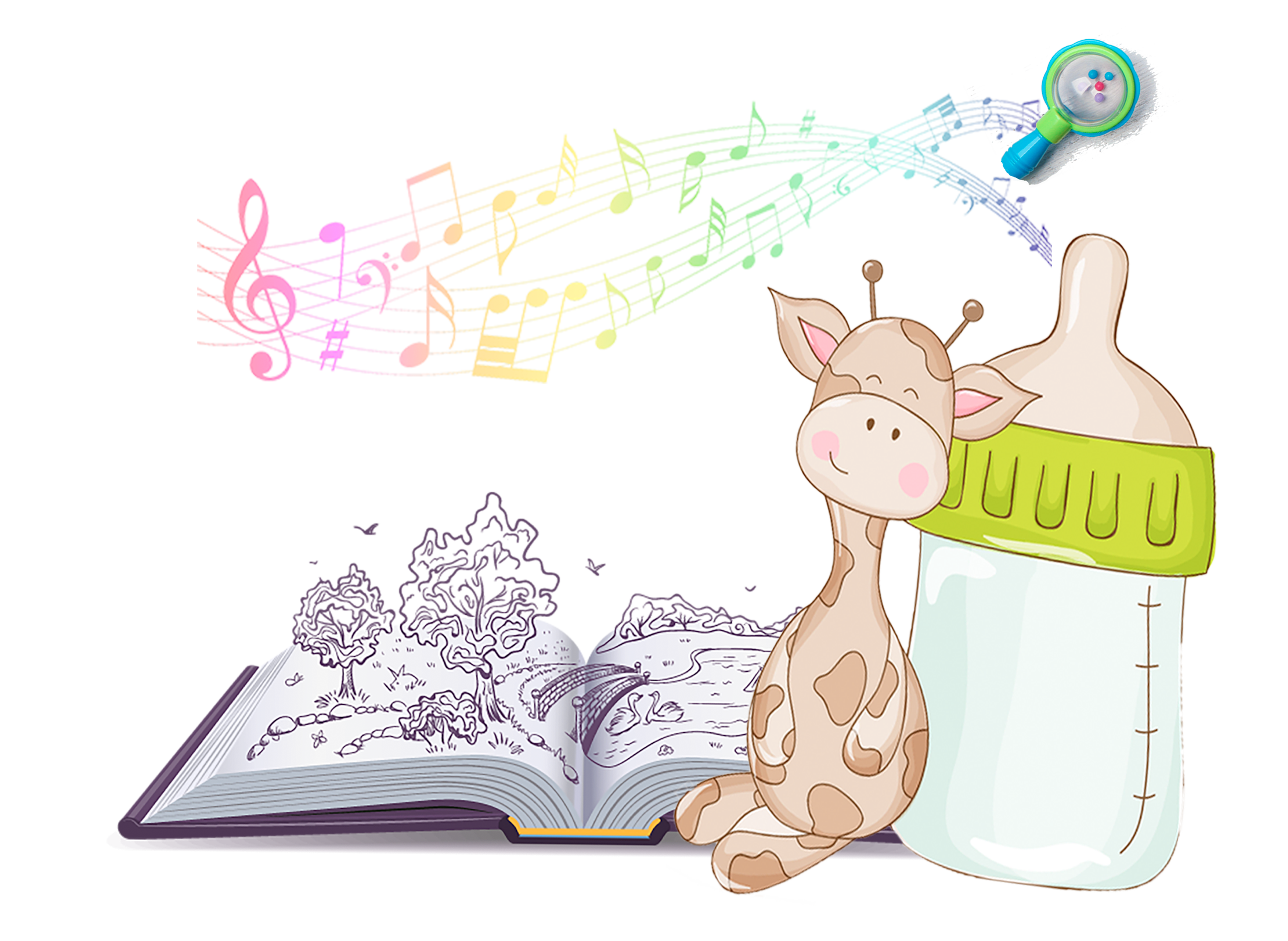 Une girafe adossée à un biberon avec un livre