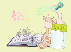 Une girafe adossée à un biberon avec un livre