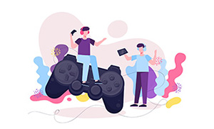 1 personne assise sur une manette de jeux vidéo et 1 personne avec une tablette